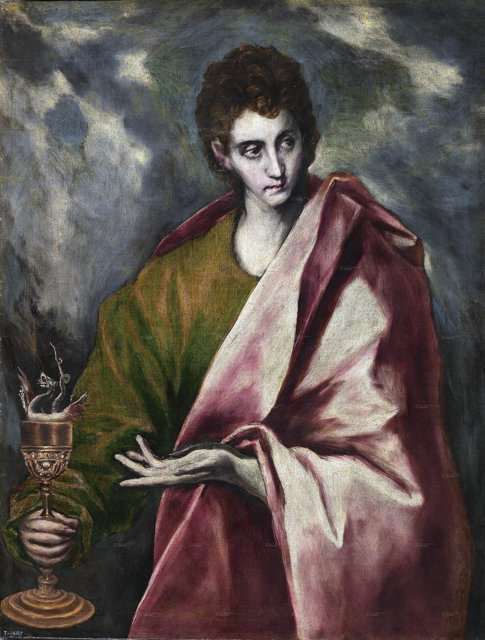São João Evangelista jovem, de manto rosado, segura o cálice com a serpente