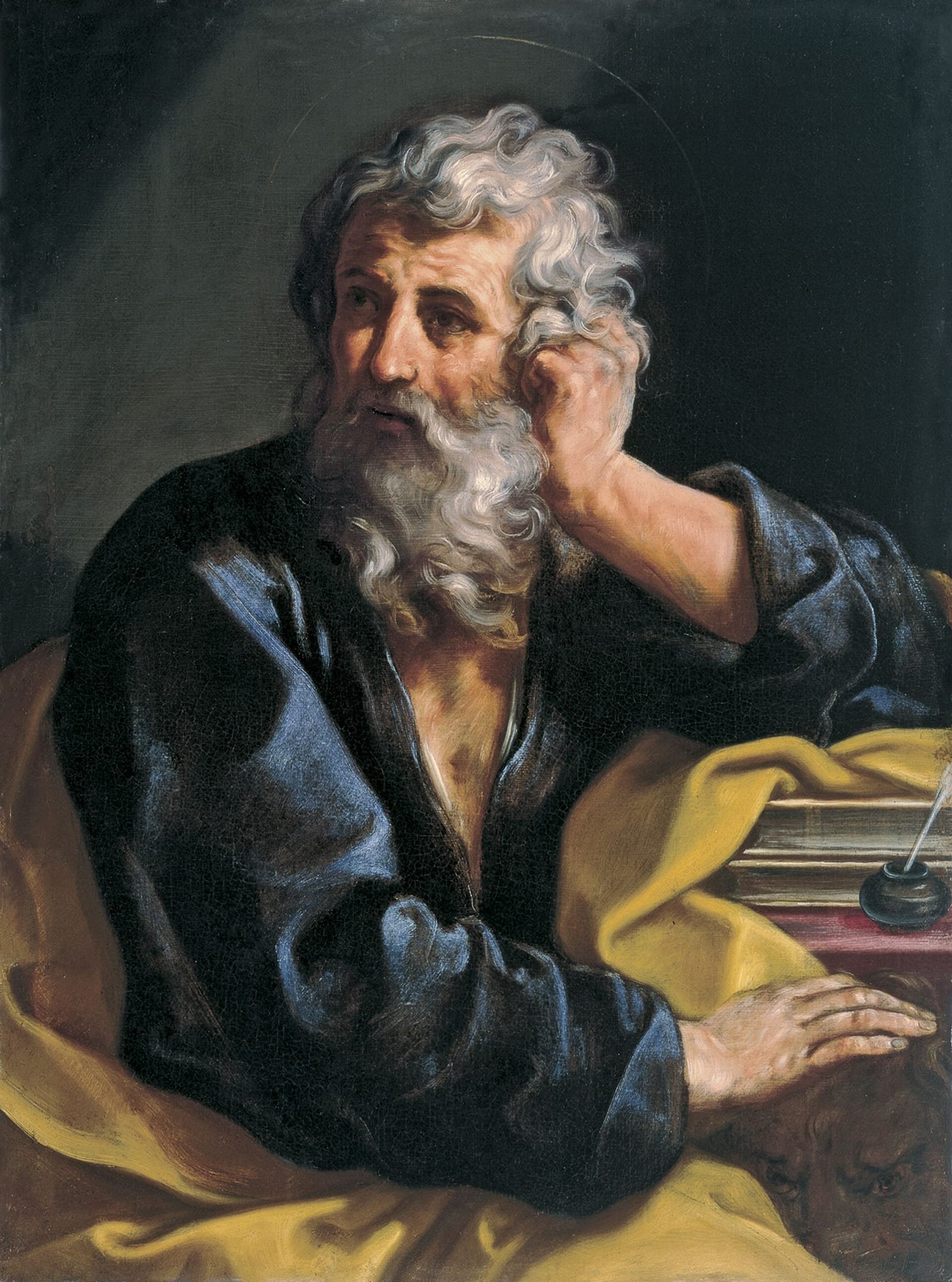São Marcos de barba branca, pensativo junto aos livros e ao tinteiro, com a cabeça do leão aos pés, de Carlo Maratta